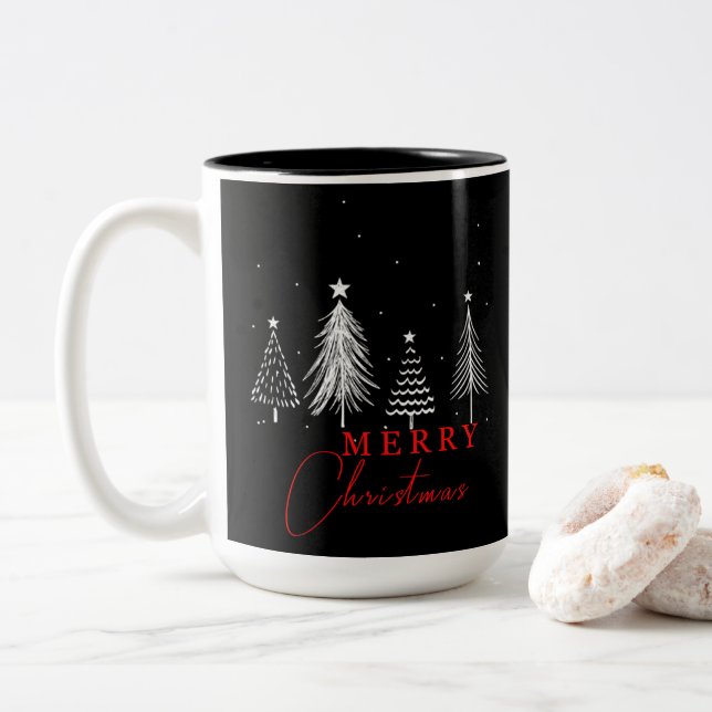 Tasse 2 Couleurs Arbre de pin de Noël simple et élégant | Noir (Avec donut)