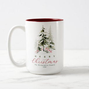 Tasse 2 Couleurs Arbres de pin aquarelle rustique Noël personnalisé
