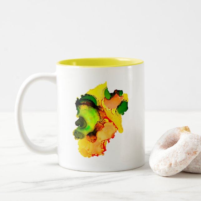 Tasse 2 Couleurs art Abstrait alcool encre jaune vert (Avec donut)