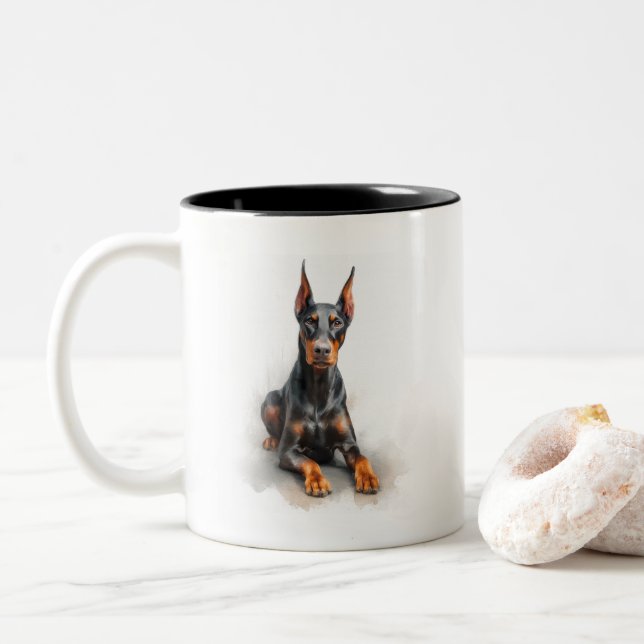 Tasse 2 Couleurs Art aquarelle Doberman (Avec donut)
