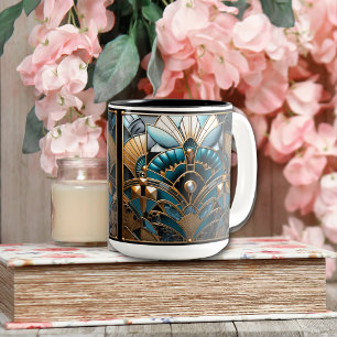 Tasse 2 Couleurs Art Deco Nouveau Or Turquoise Noir