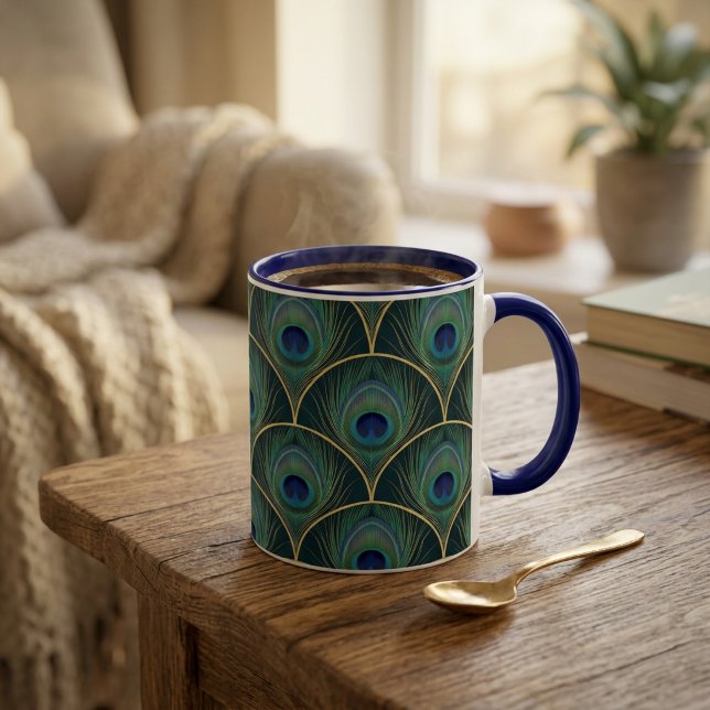 Tasse 2 Couleurs Art Deco Peacock Feather Geometric Pattern (Art Deco Peacock Feather Geometric Pattern Two-Tone Coffee Mug)