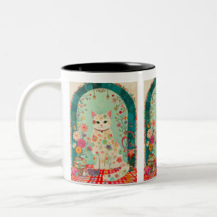Tasse 2 Couleurs Art félin de prairie florale fantaisiste