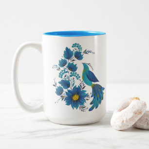 Tasse 2 Couleurs Art floral d'oiseau bleu moderne