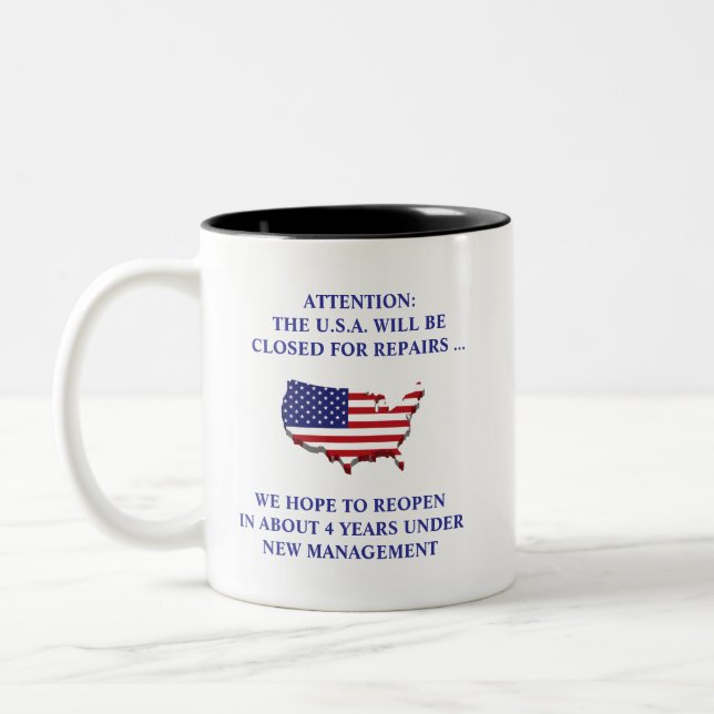 TASSE 2 COULEURS ATTENTION : LES ÉTATS-UNIS FERMÉS POUR RÉPARATIONS (Gauche)