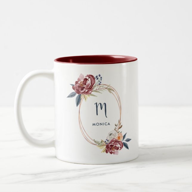 Tasse 2 Couleurs Automne Bourgogne Floral et or Rose | Monogramme (Gauche)