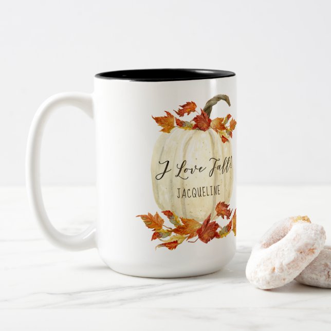 Tasse 2 Couleurs Automne I Love Fall Foliage Citrouille Aquarelle (Avec donut)