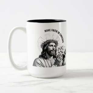 Tasse 2 Couleurs Ayez foi en Cheesus - Jésus Mème Drôle