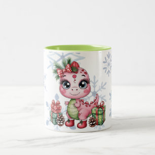 Tasse 2 Couleurs Baby Shower Fille Dino Noël Rose