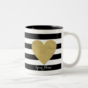 Tasse 2 Couleurs Bandes noires et blanches avec coeur à huile d'or