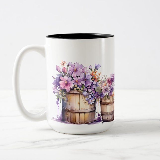 TASSE 2 COULEURS BARREAUX D'EAU EN COULEUR D'EAU AVEC FLEURS ROSES (Gauche)