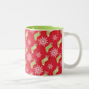 Tasse 2 Couleurs Bas de Noël verts et flocons rouges