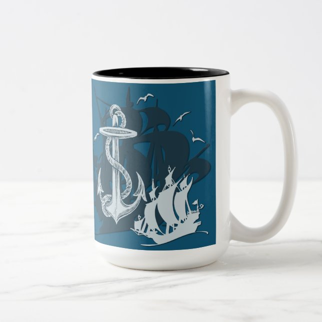 Tasse 2 Couleurs Bateau pirate & Ancre Silhouette blanche (Droit)