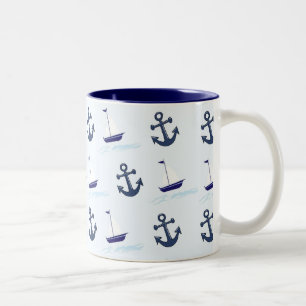 Tasse 2 Couleurs Bateaux à voile et Ancres Motif Bleu