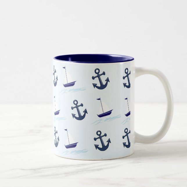 Tasse 2 Couleurs Bateaux à voile et Ancres Motif Bleu (Droit)