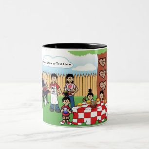 Tasse 2 Couleurs BBQ Familial Personnalisé, 1 Garçon, 2 Filles Cari