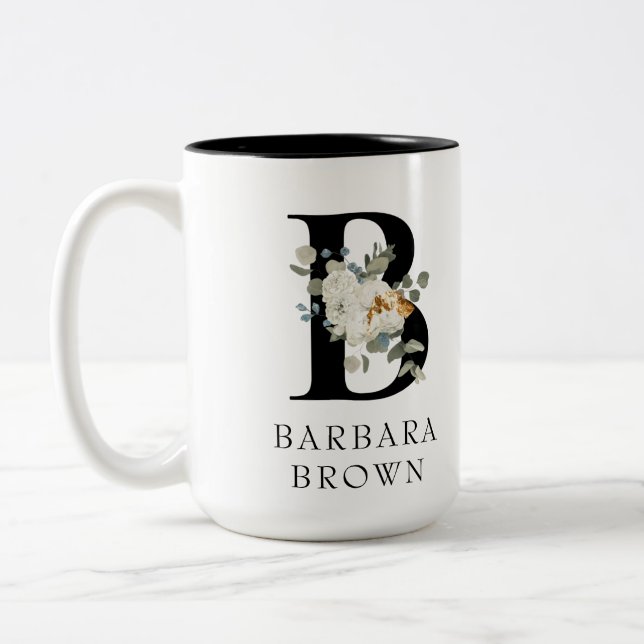 Tasse 2 Couleurs Beau Blanc Floral Or Accents Monogramme B (Gauche)