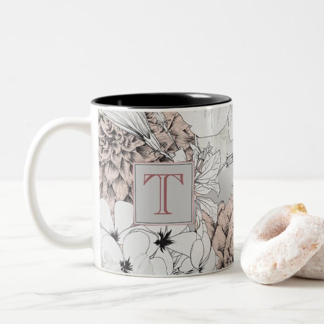 Tasse 2 Couleurs Beau Boho Fleurs Modernes Monogramme (Avec donut)