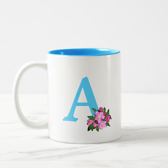 Tasse 2 Couleurs Beau monogramme turquoise avec fleurs de pommier (Gauche)
