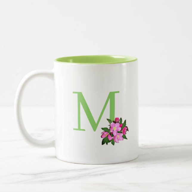 Tasse 2 Couleurs Beau monogramme vert avec fleurs de pommier (Gauche)