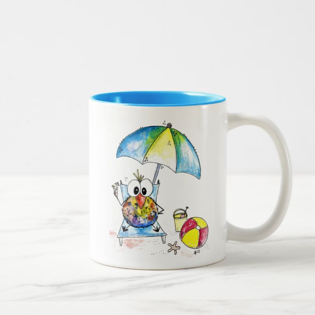 Tasse 2 Couleurs Beau Oiseau Whimsical sur la plage (Droit)
