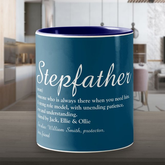 Tasse 2 Couleurs Beau-père, Définition de beau-père Script Moderne  (Stepfather, Stepdad Definition Modern Script Blue Two-Tone Coffee Mug)
