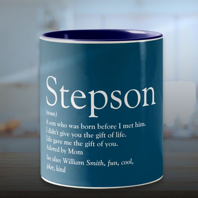 Tasse 2 Couleurs Beau plaisir typographique pour beau-fils (Stepson Typographic Fun Blue Two-Tone Coffee Mug)
