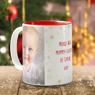 Tasse 2 Couleurs Bébé 1er Noël Nouveau Maman Papa Snowflakes 2 Phot