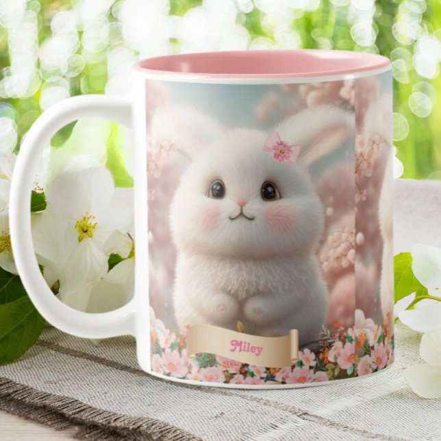 Tasse 2 Couleurs Bébé mignon blanc lapin rose Jardin personnalisé (Créateur téléchargé)