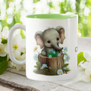 Tasse 2 Couleurs Bébé mignon Eléphant Fleurs Bleues Personnalisées