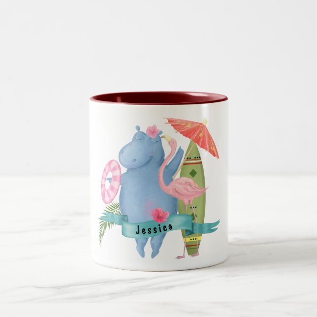 Tasse 2 Couleurs Bébé mignon Hippo avec Flamant rose Nom personnali (Centre)