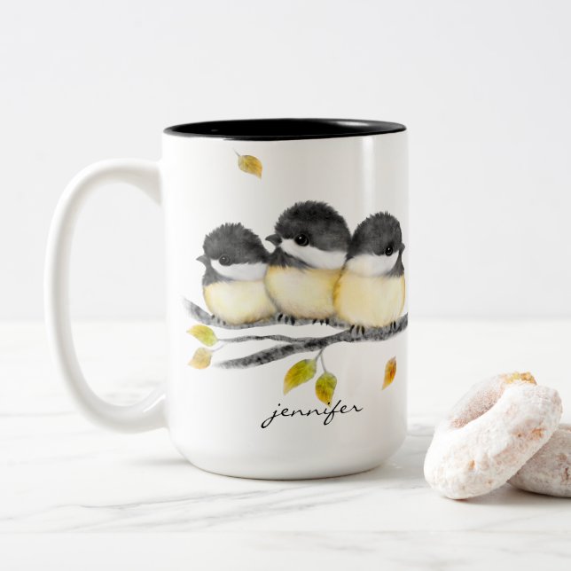 Tasse 2 Couleurs Bébé mignon oiseau 3 poulets sur la branche de l'a (Avec donut)