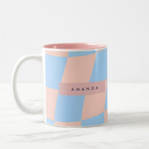 Tasse 2 Couleurs Bébé personnalisé bleu et pêche à carreaux ondulés