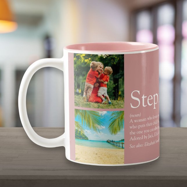 Tasse 2 Couleurs Belle-maman, Définition de belle-mère 4 Collage ph (Bonus Mom, Stepmom Definition 4 Photo Collage Pink Two-Tone Coffee Mug)