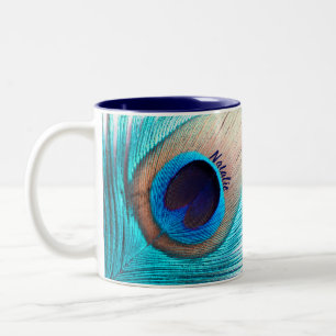 Tasse 2 Couleurs Belle plume de paon avec nom