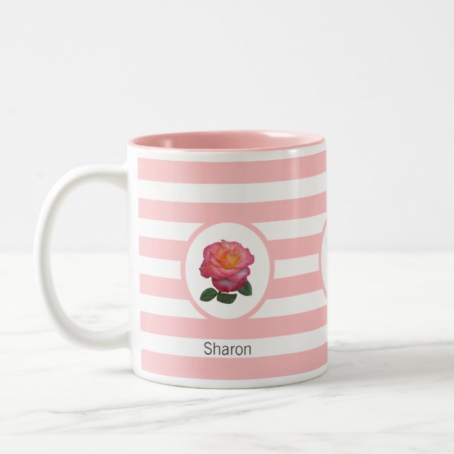 Tasse 2 Couleurs Belle Rose sur rayures roses et blanches (Gauche)