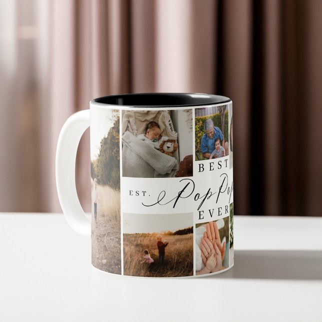 Tasse 2 Couleurs Best Pop Pop Ever Élégant Script 8 Photo Collage (Best Pop Pop Ever Elegant Script 8 Photo Collage Two-Tone Coffee Mug)
