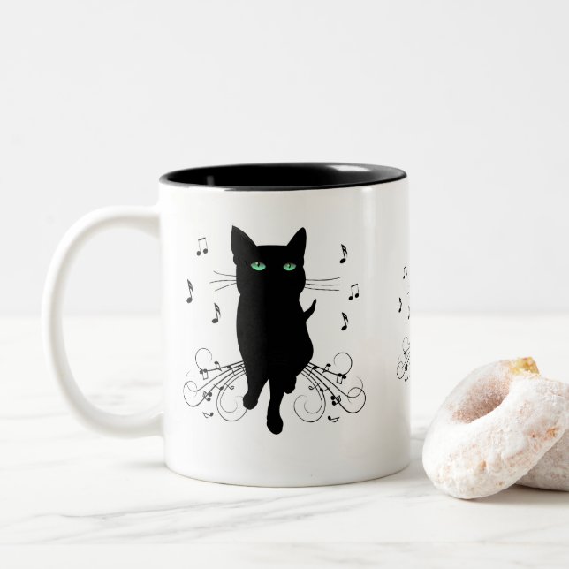 Tasse 2 Couleurs Black Cat Surrounded by Whispering Notes of Music (Avec donut)