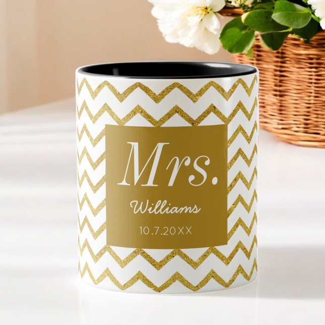 Tasse 2 Couleurs Blanc Jaune Chevron Chic Mme Mariage (Créateur téléchargé)