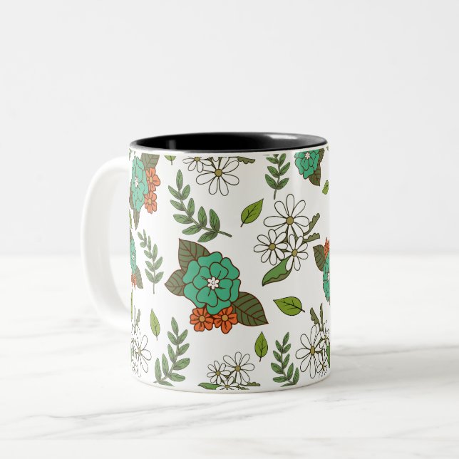 Tasse 2 Couleurs Blanc Rétro et Floral Vert (Devant gauche)