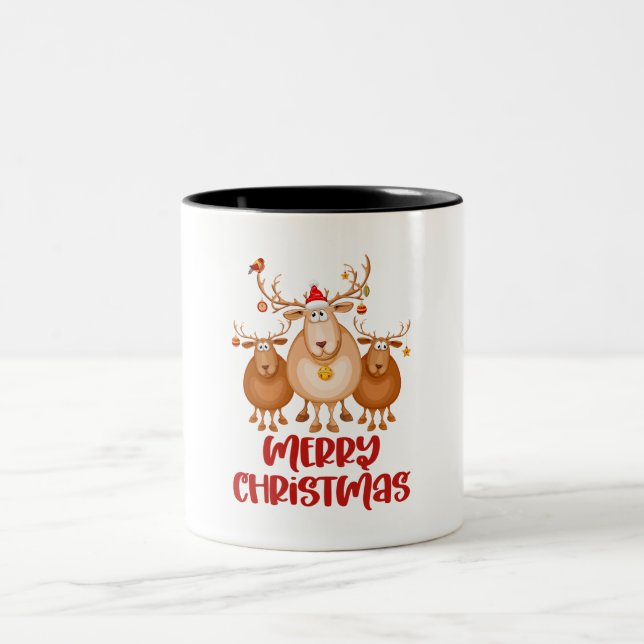 Tasse 2 Couleurs Blanc Rouge Brown Cute Reindeer Joyeux Noël (Centre)