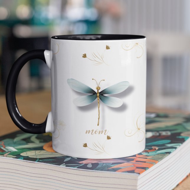 Tasse 2 Couleurs Bleu d'ardoise avec blé (Two toned customizable coffee  mug with slate blue dragonfly and wheat colored floral designs. )