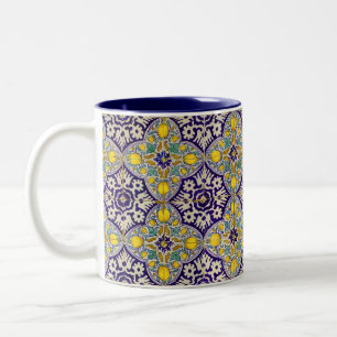 Tasse 2 Couleurs Bleu Méditerranée Motif Fleurs Jaunes