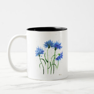 Tasse 2 Couleurs Bleus bleuets fleurs aquarelle rustique moderne