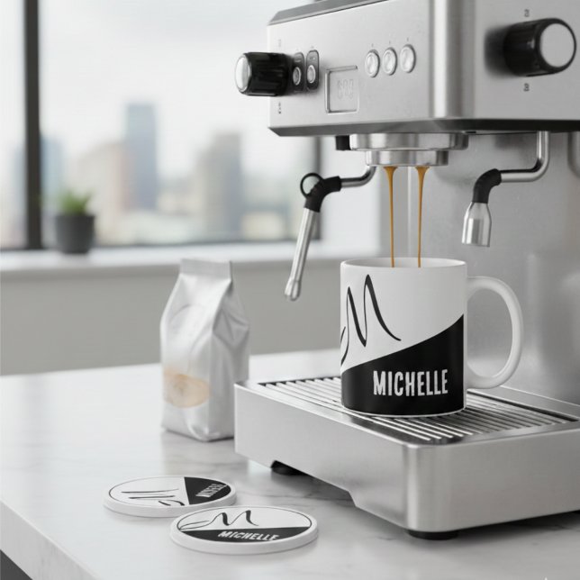 Tasse 2 Couleurs Bloc de couleur noir et blanc monogramme classique (Créateur téléchargé)