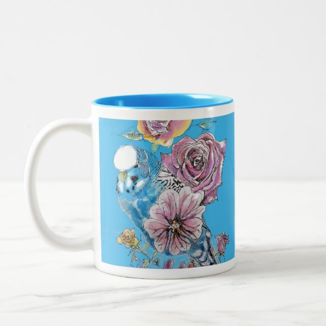 Tasse 2 Couleurs Blue Budgie Budgerigar Rose aquarelle art floral  (Gauche)