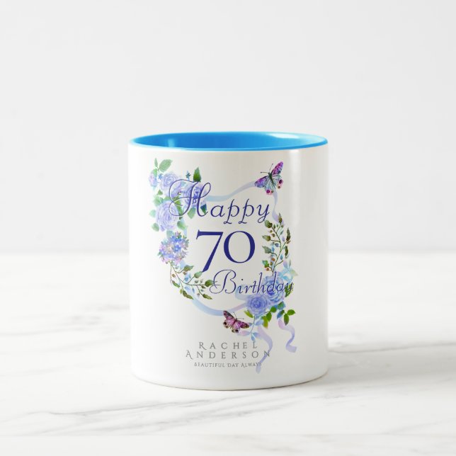 Tasse 2 Couleurs Blue Rose Ribbon Birthday 70th (Centre)