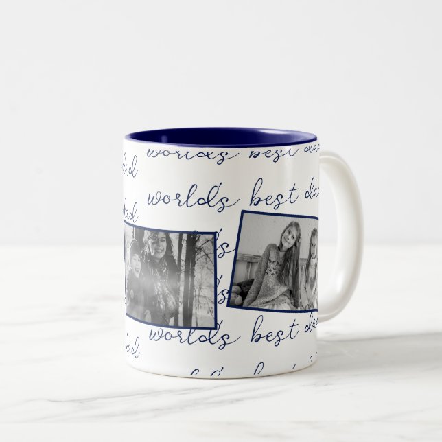 Tasse 2 Couleurs Blue World's Best Papa Text avec photos personnali (Devant droit)