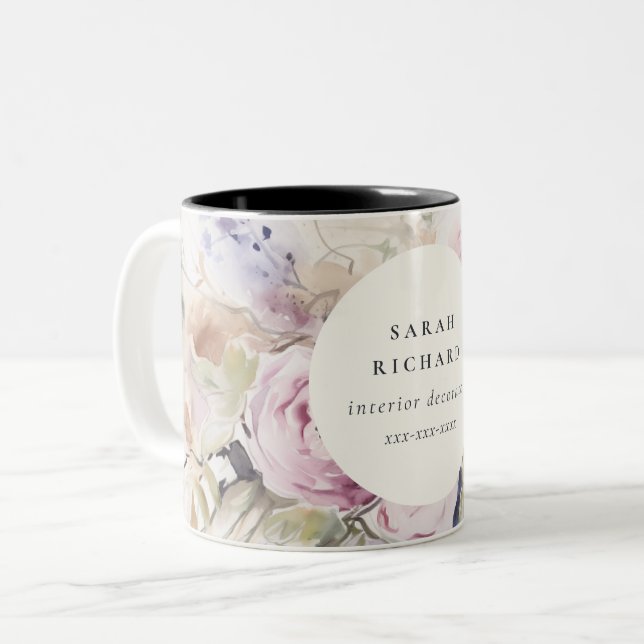 Tasse 2 Couleurs Blush Lilac Aquarelle Rose Floral Bunal Business (Devant gauche)