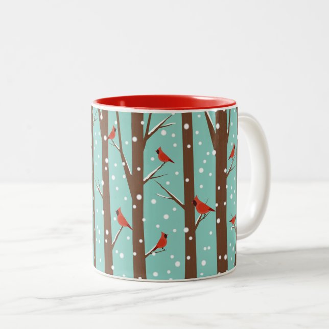Tasse 2 Couleurs Bois d'hiver des oiseaux cardinaux rouges (Devant droit)